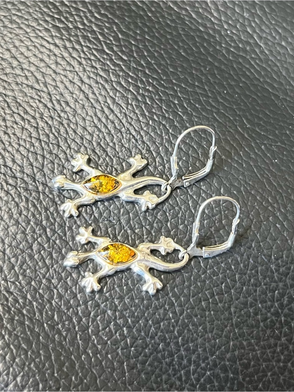 Sterling Silver Lizard Drop Earrings with Amber Accent
